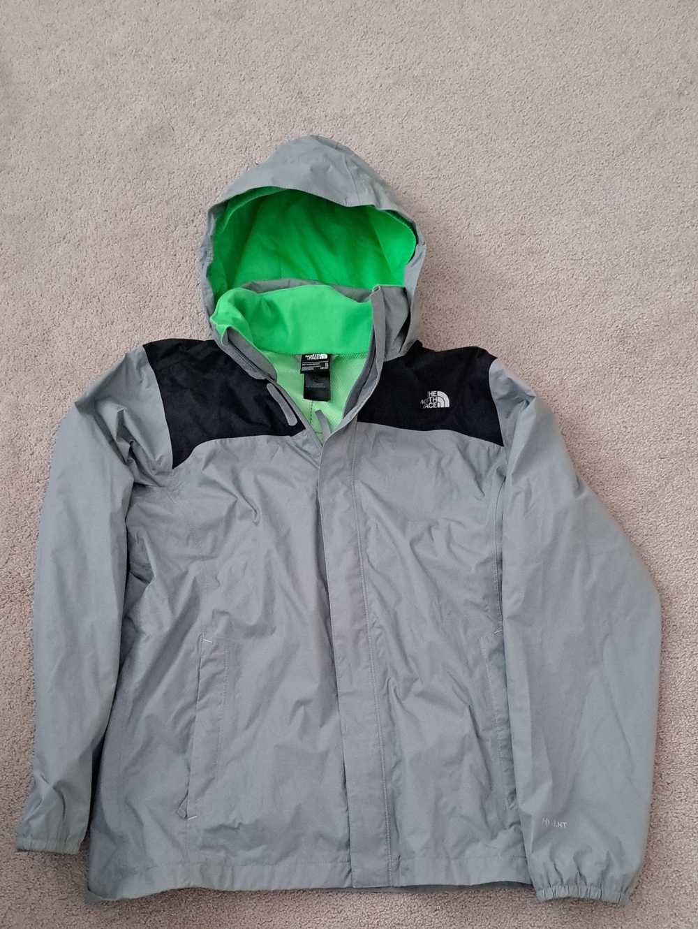 The North Face Boys Gray Waterproof Hooded Jacket with Green Lining